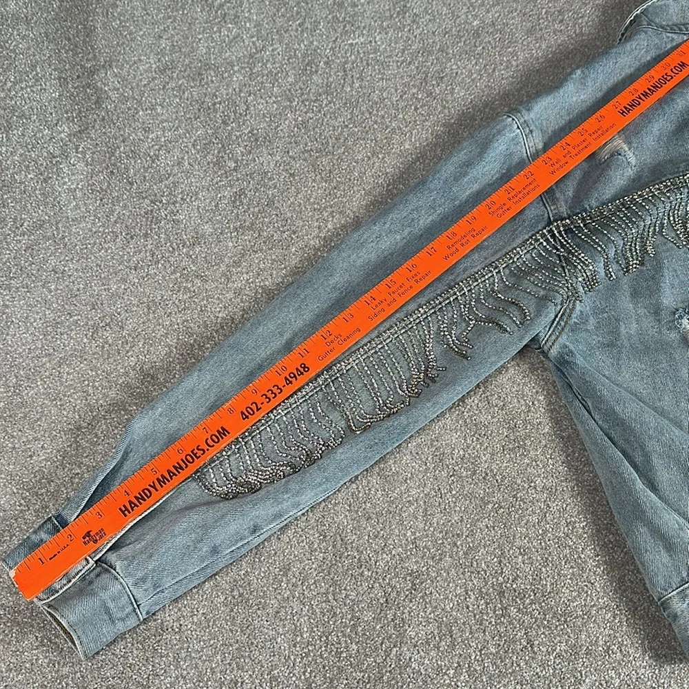 Distressed, rhinestone, fringe, jean jacket,‎ grunge, punk band rock